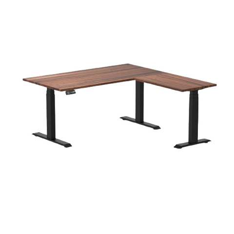 Desky Hardwood L-Shape Sit Stand Desk 150 x 155 cm Walnut Top and Matte Black Leg