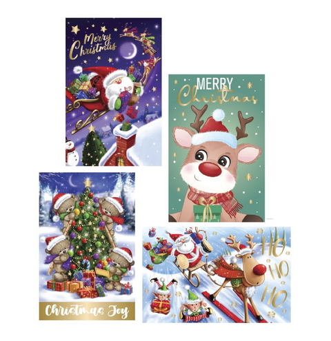 Christmas Warehouse - WRAPX360 10x Cute Cartoon Character Christmas Greeting Cards Gold Foil Pack | 17cm Various
