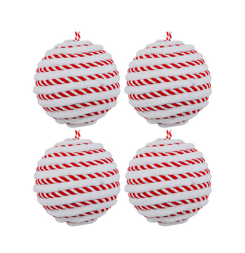 Christmas Warehouse - DECR2636 6x Classic Red & White Signature Spiral Plush Chenille Baubles 80mm