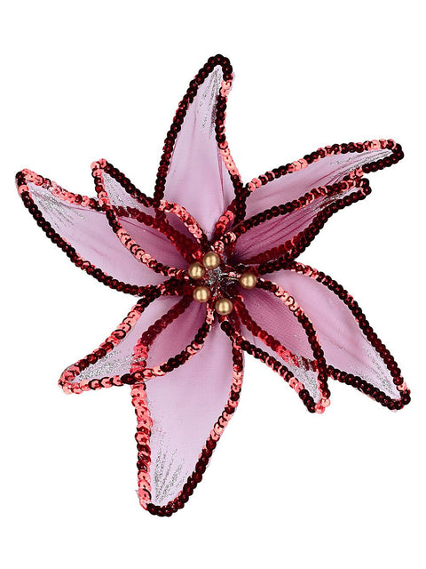 Christmas Warehouse - PICK2420 Red Organza Poinsettia With Sequins Christmas Tree Clip Pick | 25cm Red with Silver & Rose Gold