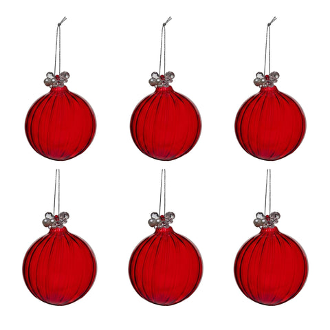 Christabelle 6 Red Glass Christmas Baubles Jewelled Top 8cm Xmas Tree Decorations Hanging Ornaments Gift Boxed Set