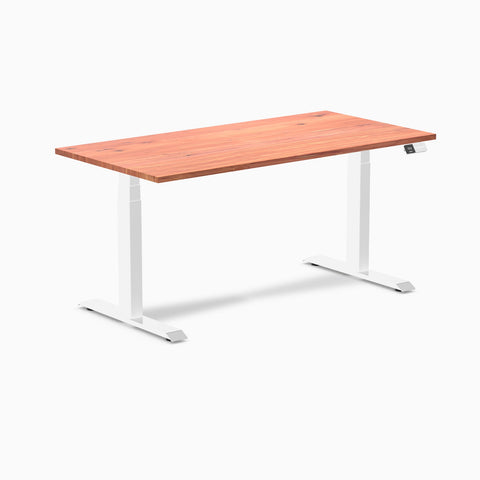 Desky Dual Softwood Sit Stand Desk 150cm Red Cedar Desktop and White Frame