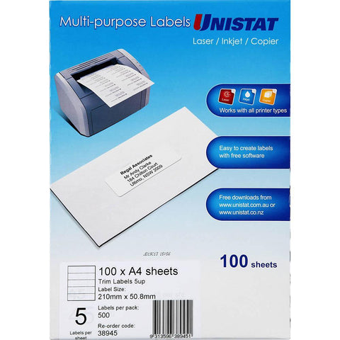Unistat 38945 Trim Label 5up A4 Pack 100 Sheets
