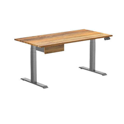 Desky Dual Hardwood Standing Desk With Drawer 150cm Teak Desktop and Space Grey Frame
