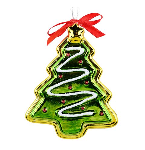 Christmas Warehouse - DECR2676 Whimsical Green & Gold Glossy Christmas Tree Shaped Ornament 10cm