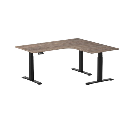Desky L-Shape Melamine Sit Stand Desk 160cm - Left Return Natural Walnut Top and Matte Black Leg