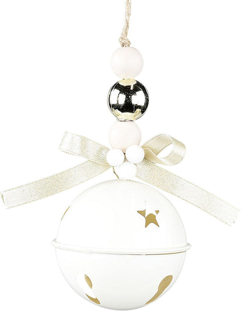 Christmas Warehouse - DECRH101 White Gloss Whimsical Essential Tinkling Jingle Bell Bauble | 65mm White with Cream & Gold