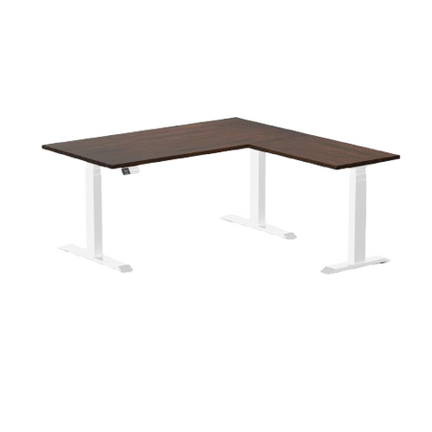 Desky Rubberwood L-Shape Sit Stand Desk Dark Walnut Top and White Leg