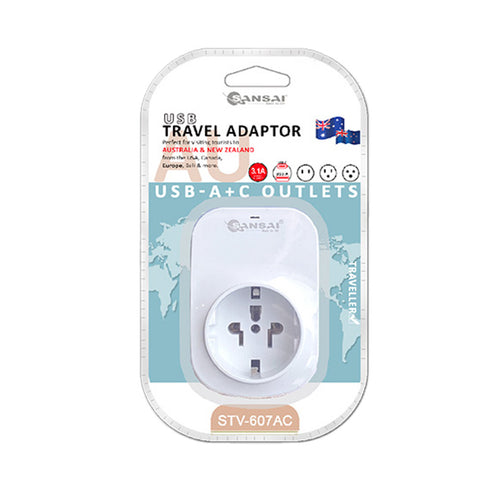Sansai Worldwide Travel Adaptor USB-C+A USA/Canada/Europe to AU/NZ Plug