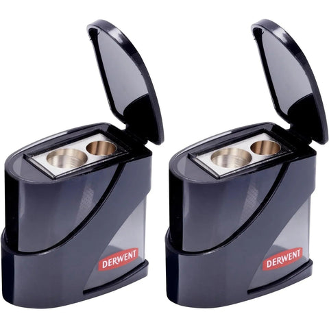Derwent Twin Hole Sharpener Metal with Lid Container 2 Pack