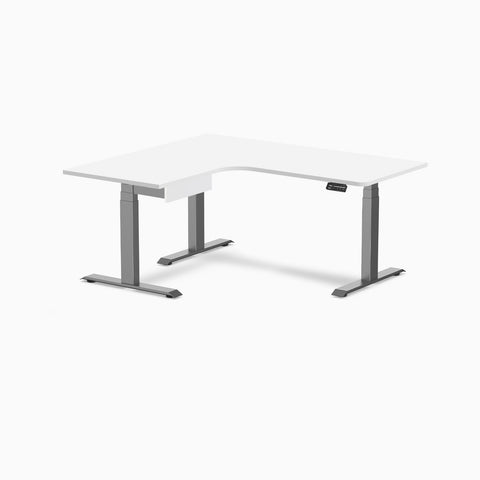 Desky L-Shape Melamine Standing Desk With Drawer 160cm - Left Return White Top and Space Grey Leg