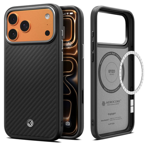 SPIGEN Enzo Aramid Camera Control Button MagSafe Case for iPhone 18 Pro/17 Pro (Black Silver)