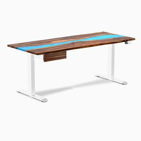 Desky Dual Resin Hardwood Standing Desk With Drawer 180cm Pheasantwood Blue River Desktop and White Frame