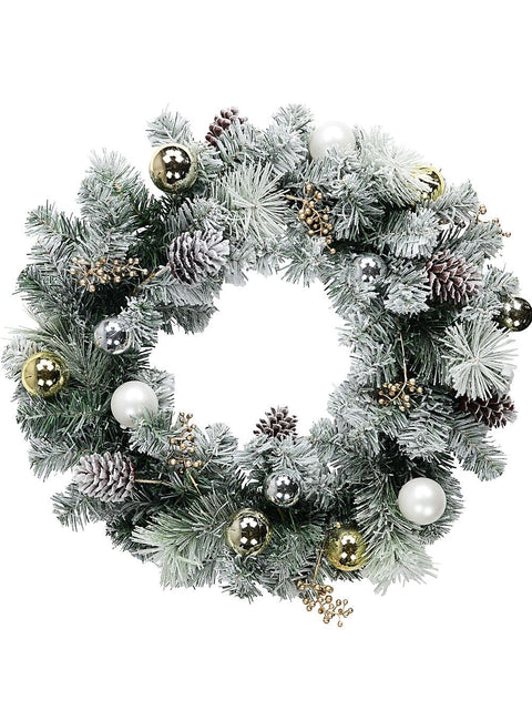 Christmas Warehouse - WRTH2604 60cm Decorated Flocked Pine & Spruce Wreath | Gold, Silver & White Baubles White, Silver, Gold & Natural on Green