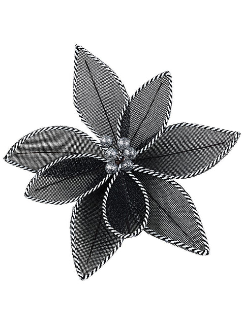 Christmas Warehouse - PICK2533 Black Mesh & White Twisted Cord Poinsettia Christmas Tree Clip Pick | 26cm Black with White & Silver