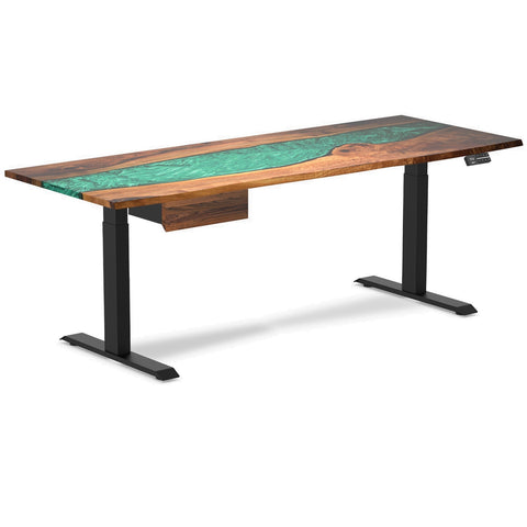 Desky Dual Resin Hardwood Standing Desk With Drawer 200cm Natural Walnut Emerald River Desktop and Matte Black Frame