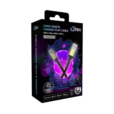 G-Tek Long Length Charge Play Cable (USB-C/Micro USB to USB-A) 3 Metres