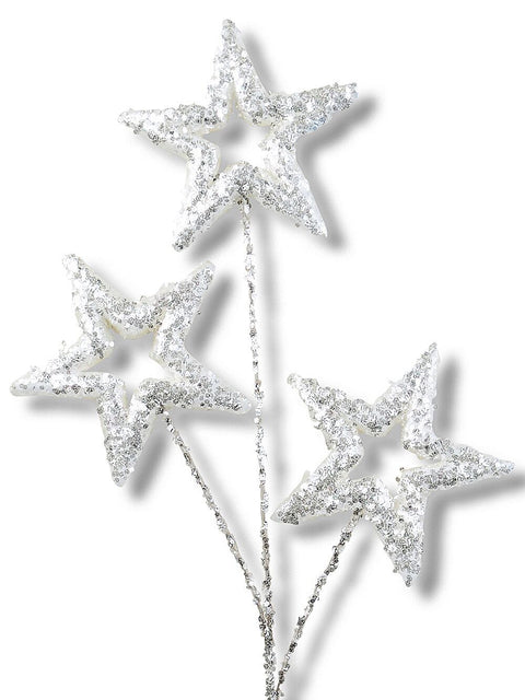 Christmas Warehouse - STEM2510 White Stars With Silver Glitter Spray Long Christmas Stem | 57cm White with Silver