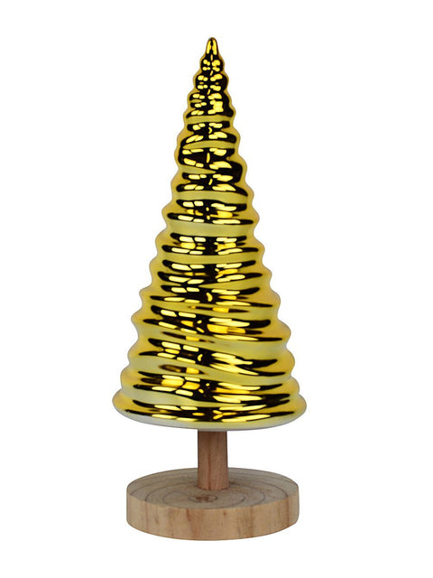Christmas Warehouse - CERA1930 Gold Ridge Ceramic Tabletop Christmas Tree With Wooden Base | 33cm Gold with Natural