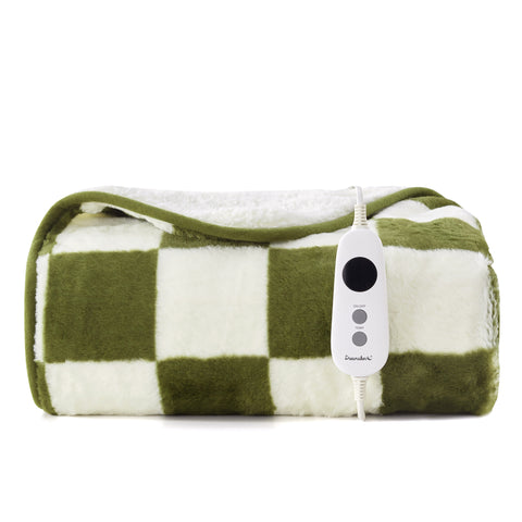 Dreamaker Checkered Plush Electric Heated Throw Blanket [130x160cm] (Olive/Cream)