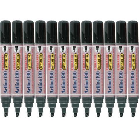 Artline 190 Box 12 Permanent Marker 5mm Chisel Nib (Black)