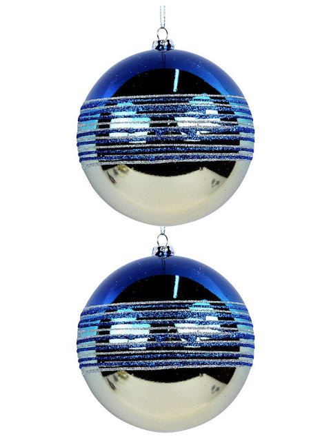 Christmas Warehouse - DECR9157 2x Dynamic Champagne & Blue Signature Gradated Glitter Baubles | 10cm Champagne & Blue with Silver