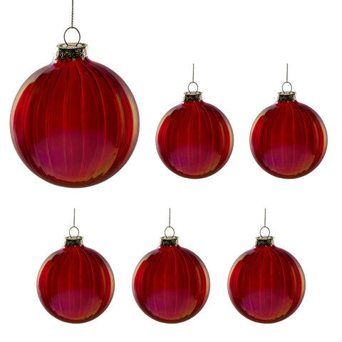 Christabelle 6Pcs Glossy Red Glass Baubles Textured Stripe Finish Balls Christmas Tree Decoration Ornament