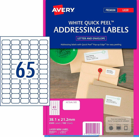 Avery 959071 Address Labels Laser 65UP/Sheet (White) [Pack 100]
