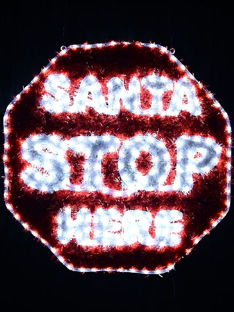 Christmas Warehouse - OUDRS283 76cm Dynamic Santa Stop Here Red Tinsel Outdoor LED Christmas Light Display Red & White with Cool White