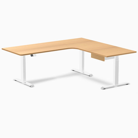Desky L-Shape Melamine Standing Desk With Drawer 200cm - Right Return Select Beech Top and White Leg