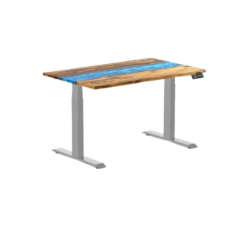 Desky Dual Resin Hardwood Sit Stand Desk 120cm Teak Blue River Desktop and Grey Frame