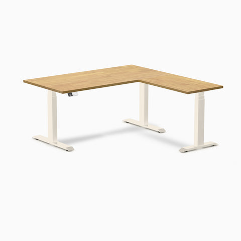 Desky Rubberwood L-Shape Sit Stand Desk 150 x 155 cm Light Oak Top and Wheat Leg