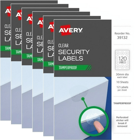 Avery Clear TamperProof Round Labels 30mm 6-Pack (120 Labels)