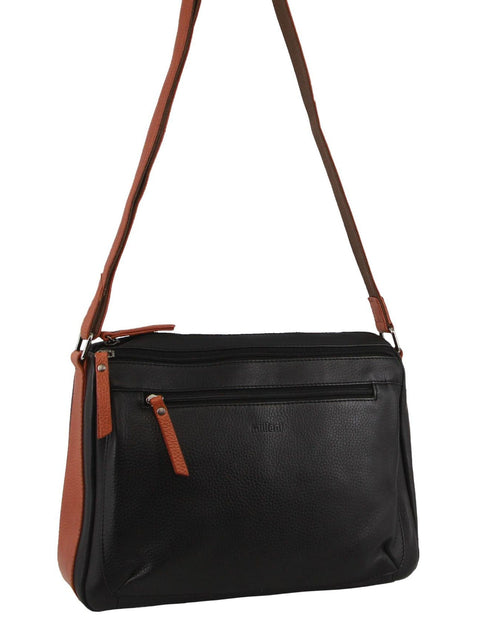 Milleni Women's Nappa Leather Shoulder Crossbody Bag 35x22cm Black/Cognac