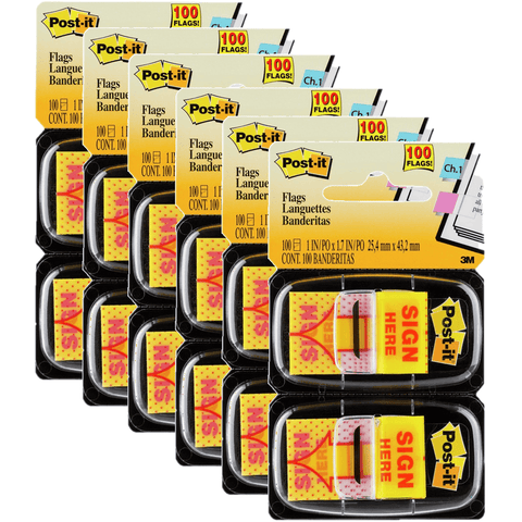 Post-It 6 Pack Flags Sign Here Stickers Tabls Yellow Twin Pack 100