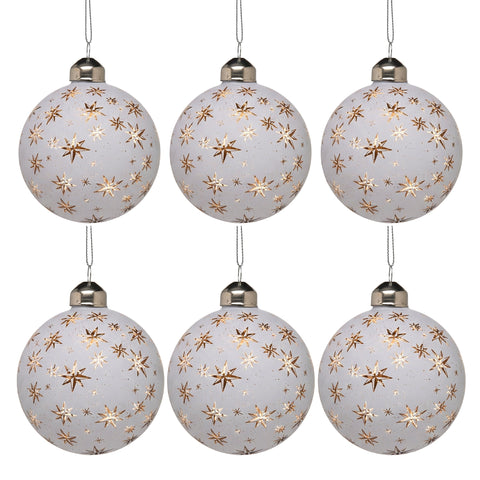 Christabelle 6 Large White Glass Christmas Baubles Gold Star 8cm Xmas Tree Decorations Hanging Ornaments Boxed Set