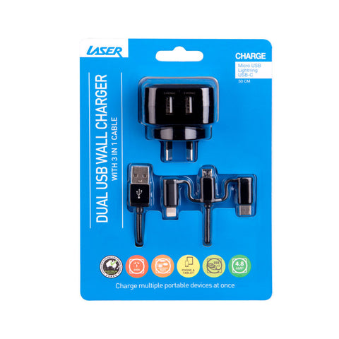 Laser Dual USB Wall Charger with 3-in-1 Fast Charging Cable (Black)
