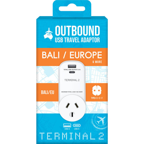 Terminal 2  Outbound Travel Adaptor with 2 USB 3.1 Ports (Europe & Bali)