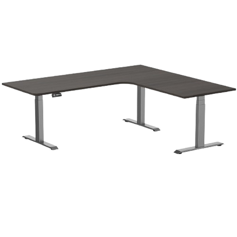 Desky L-Shape Melamine Sit Stand Desk 200cm - Left Return Burnished Wood Top and Space Grey Leg
