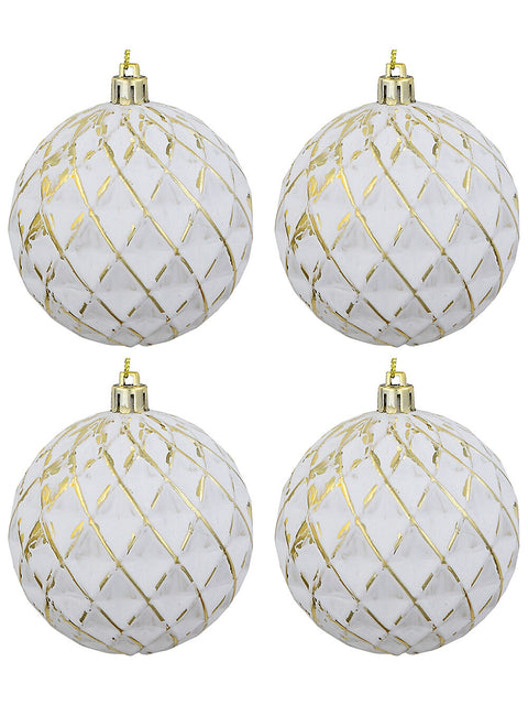 Christmas Warehouse - DECR2670 4x Celestial White & Burnished Gold Signature Quilted Diamond Baubles | 80mm White with Gold