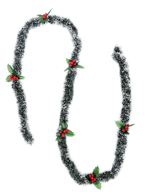 Christmas Warehouse - TINV2722 Classic 5ply White Tip Fir Holly & Berry Christmas Tinsel Garland | 2.7m x 70mm Green with White & Red