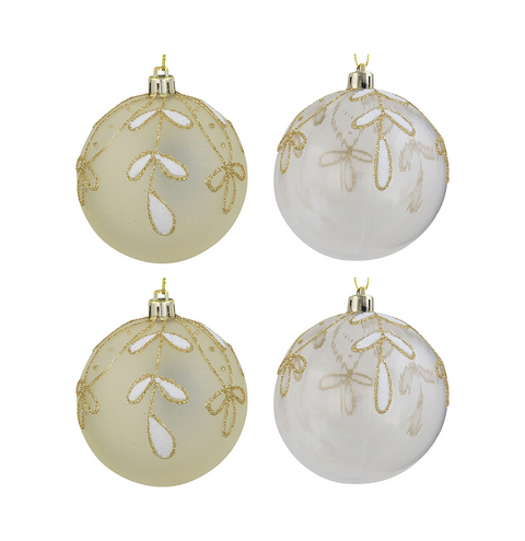 Christmas Warehouse - DECR2660 4x Celestial Clear & Cream Signature Botanical Gold Filigree Baubles | 80mm Cream & Clear with Gold & White