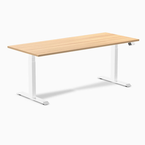 Desky Dual Melamine Sit Stand Desk 180cm Sublime Teak Desktop and White Frame