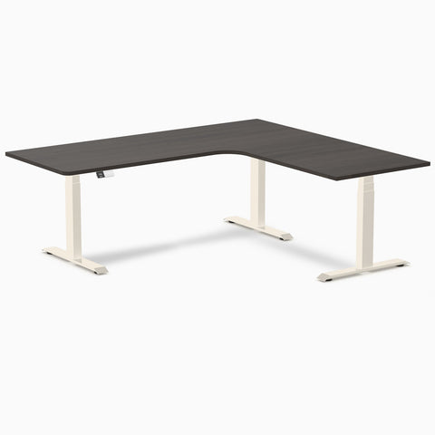 Desky L-Shape Melamine Sit Stand Desk 200cm - Right Return Burnished Wood Top and Matte Black Leg