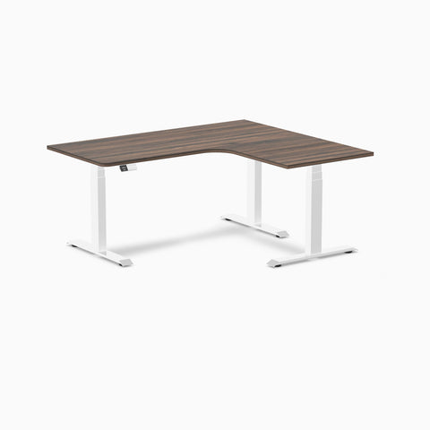 Desky L-Shape Melamine Sit Stand Desk 160cm - Right Return Jarrah Legno Top and White Leg
