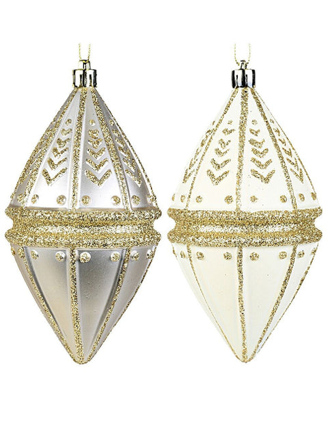 Christmas Warehouse - DECRH080 4x Ivory & Silver Lustrous Signature Gold Embellished Finial Drops | 14cm Ivory & Silver with Gold