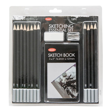 Jasart Essentials Sketching Pencil Set with Sketchbook (15-Piece)