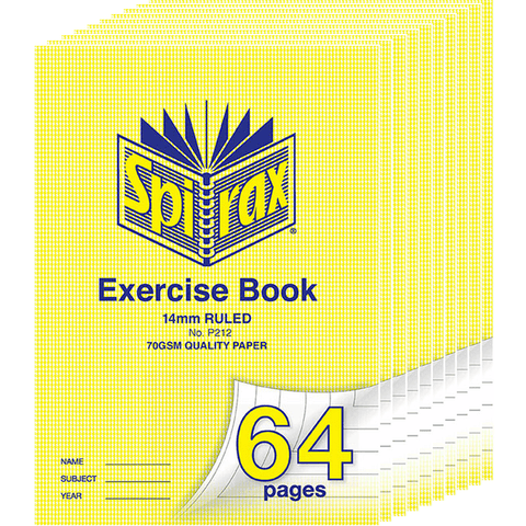 Spirax P212 Exercise Book Ruled 14mm 70GSM 64 Page A4 Pack 10