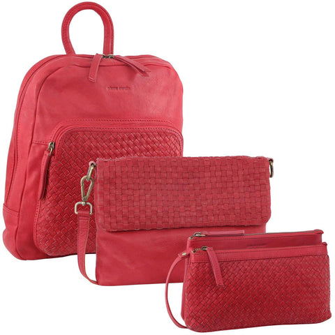 Pierre Cardin Womens Woven Leather Cross-Body Bags + Backpack 3PC Set (Red)
