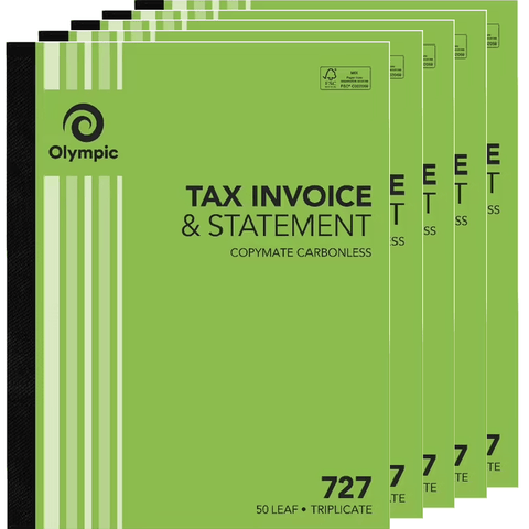 Olympic 5 Pack 727 Triplicate Tax Invoice & Statement Book Carbonless Bulk